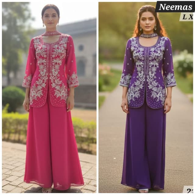 Hot Pink, Purple, White Embroidery Kurti with Palazzo Pants