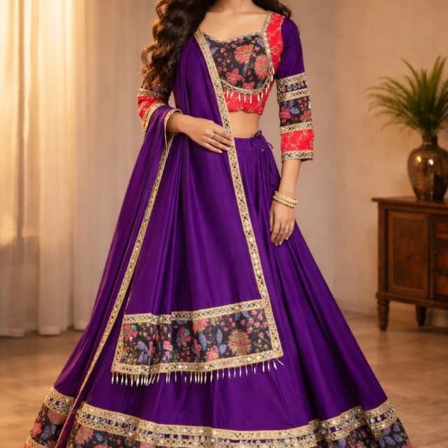 Purple, Red, Black, Floral print with pink, blue, and yellow accents, gold borders, mirror work Lehenga Choli