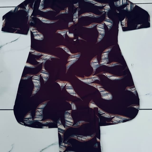 Maroon with abstract print in shades of grey, white, and brown Kurta and Pants Set