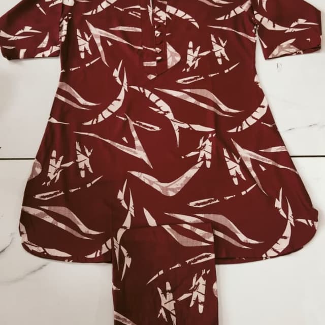 Maroon with abstract white and beige print Kurti with Pants