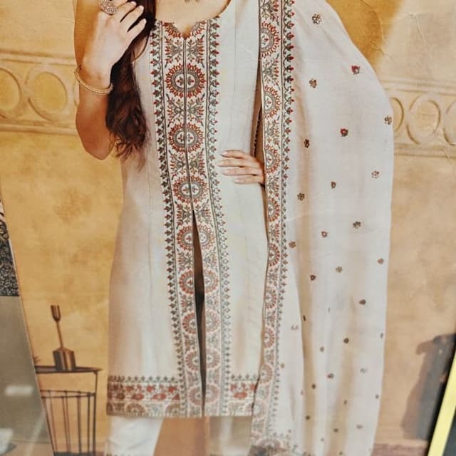 Off-white with red, brown, and grey embroidery Salwar Kameez