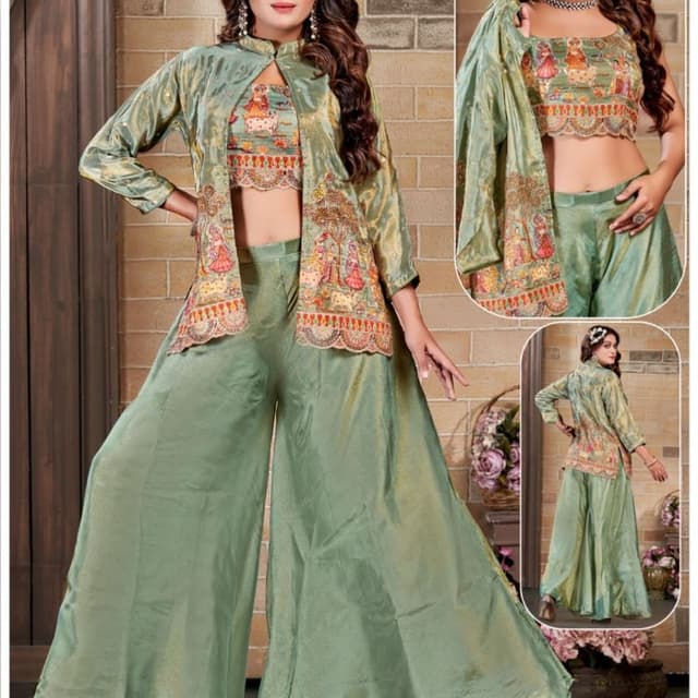 Sage Green with Multi-color embroidery 3-piece outfit (crop top, palazzo pants, jacket)
