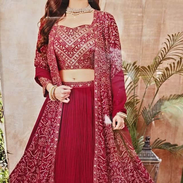 Deep Red with Golden Embroidery Lehenga Choli with Jacket