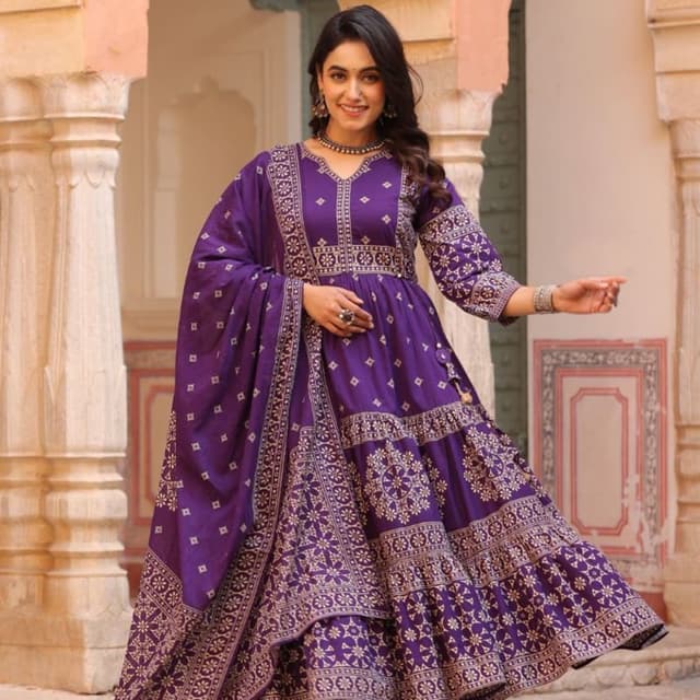 Deep Purple with Gold/Beige Print Anarkali Suit Set