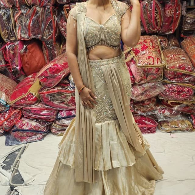 Beige, Gold Lehenga Choli