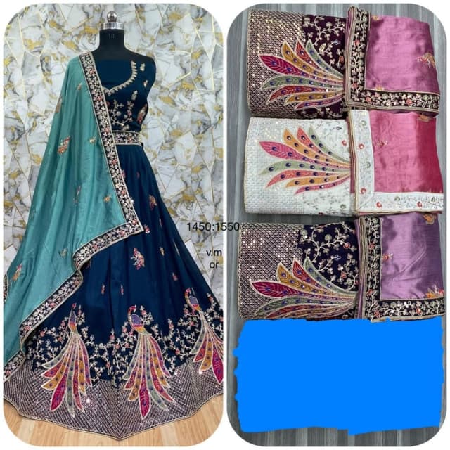 Navy Blue, Teal, Multicolor Peacock Motifs, Silver Sequins Lehenga Choli