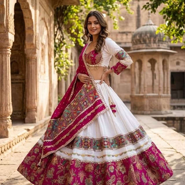 White, Magenta, Multicolor Embroidery Lehenga Choli