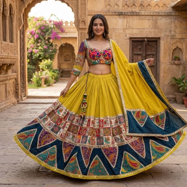 Yellow, Multi-color (Red, Blue, Green, Purple, Orange, White, Gold) Lehenga Choli
