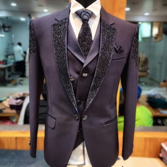 Deep Purple with Black Embellishments Suit (Jacket, Waistcoat, Trousers)