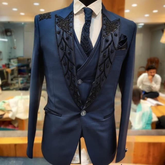 Deep Blue with Black Embellishments Suit (Jacket, Waistcoat, Trousers) and Shirt with Tie