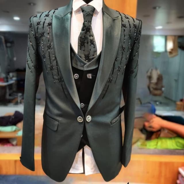 Dark Teal/Green, Black, White Suit (Jacket, Vest, Trousers)