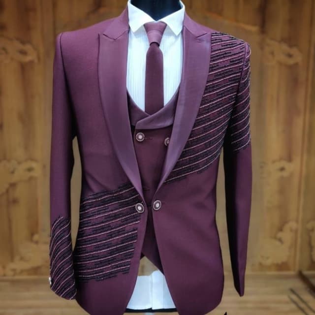 Deep Burgundy/Maroon with Black and Pink accents Suit (Jacket, Waistcoat, Shirt, and Tie)