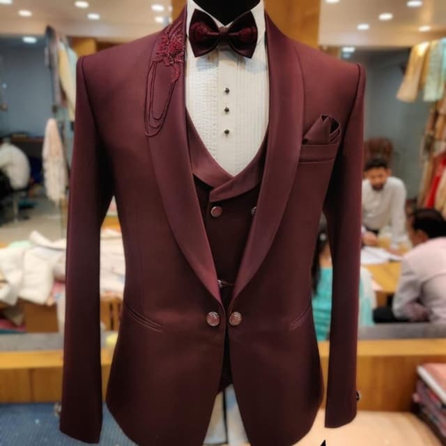 Maroon, White, Burgundy Suit (Blazer, Waistcoat, Shirt, Bowtie, Pocket Square)