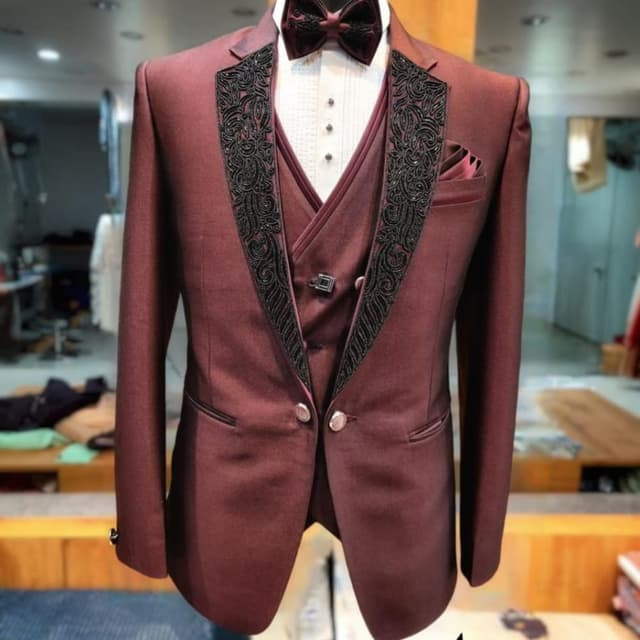 Maroon with Black embellishments Tuxedo Suit (Jacket, Vest, Bowtie, Pocket Square)