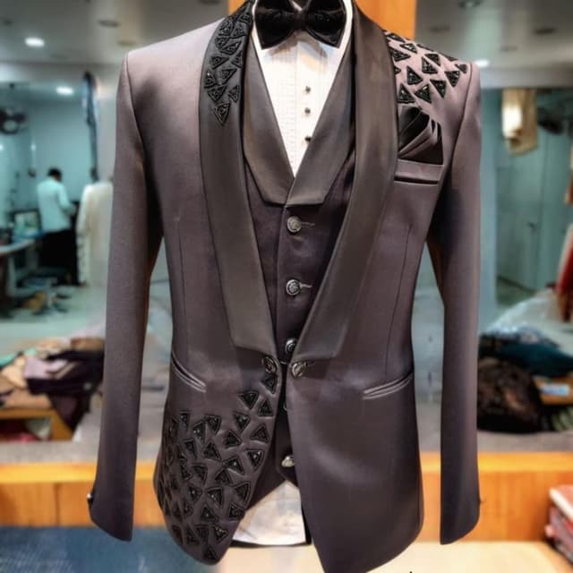 Grey with Black Embellishments Tuxedo Suit (Jacket, Vest, Shirt, Bowtie)