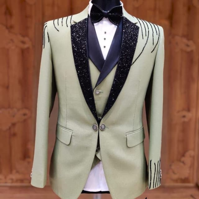 Sage green with black accents and sequin details Suit (Jacket, Vest, Trousers)