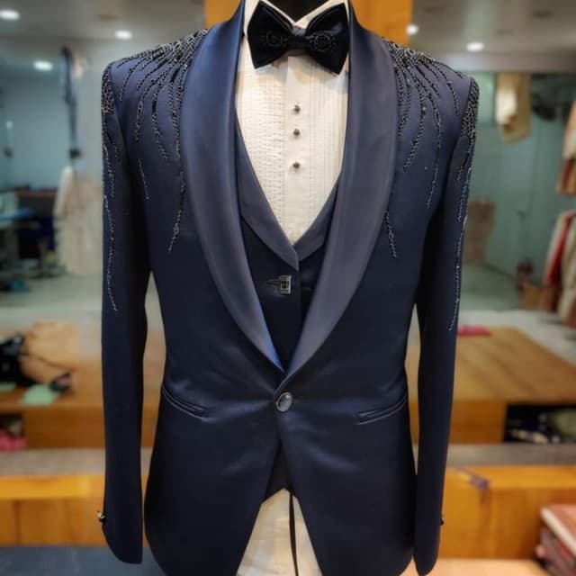 Navy Blue, Black, White Tuxedo Suit