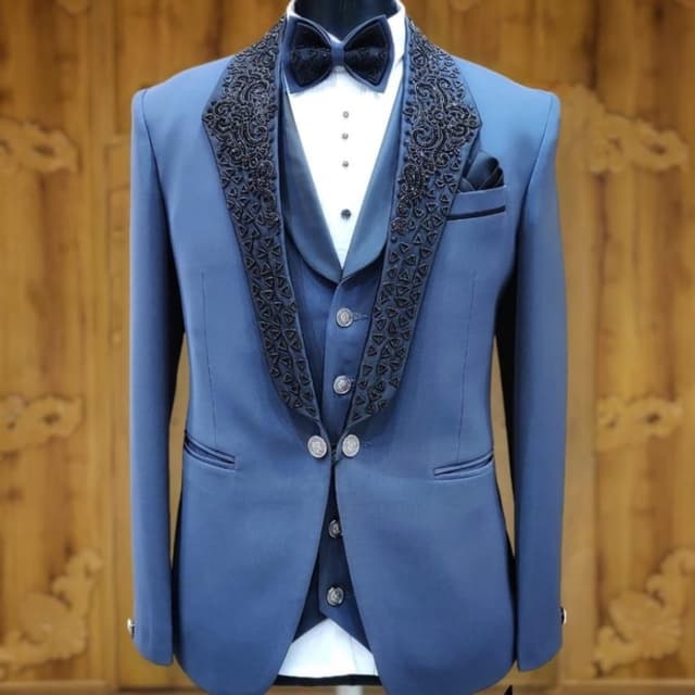 Blue, Black, White Suit (Jacket, Waistcoat, Trousers)