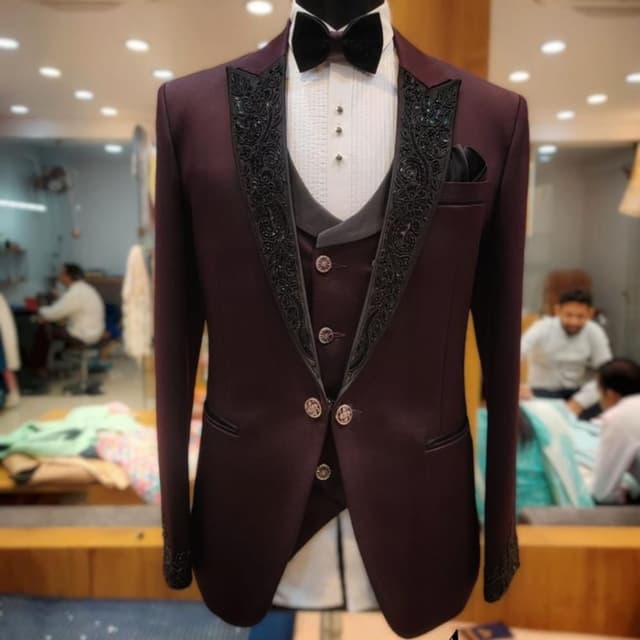 Maroon, Grey, White, Black Suit (Jacket, Waistcoat, Shirt, Bowtie)