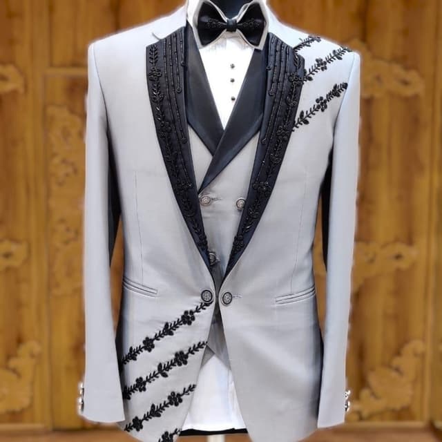 Light Grey with Black Embellishments Tuxedo Suit