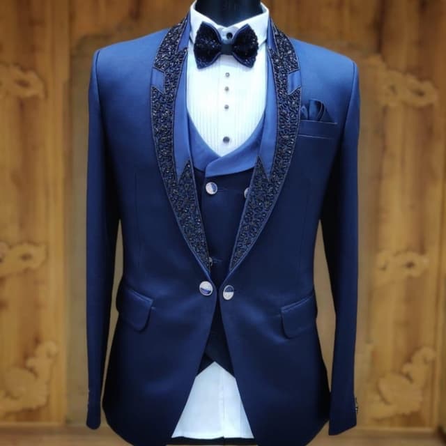 Deep Blue, Black, White Tuxedo Suit