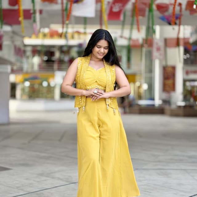 Yellow Crop Top and Palazzo Set with Waistcoat
