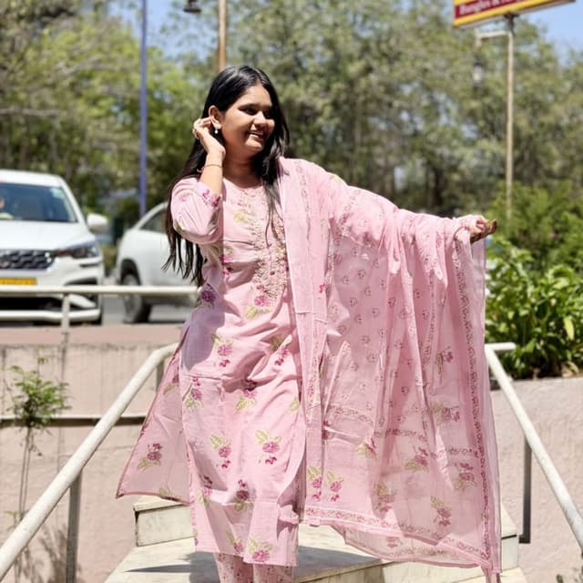 Pastel Pink with floral prints in pink and green Kurta Set (Kurta, Pants, Dupatta)