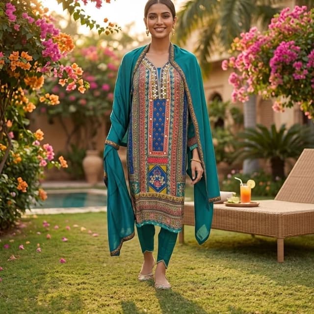 Teal, Blue, Red, Yellow, Pink, Gold Salwar Kameez Set