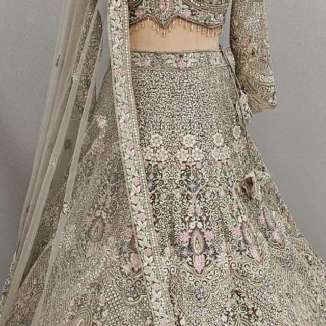 Olive green with pink and silver accents Lehenga Choli with dupatta