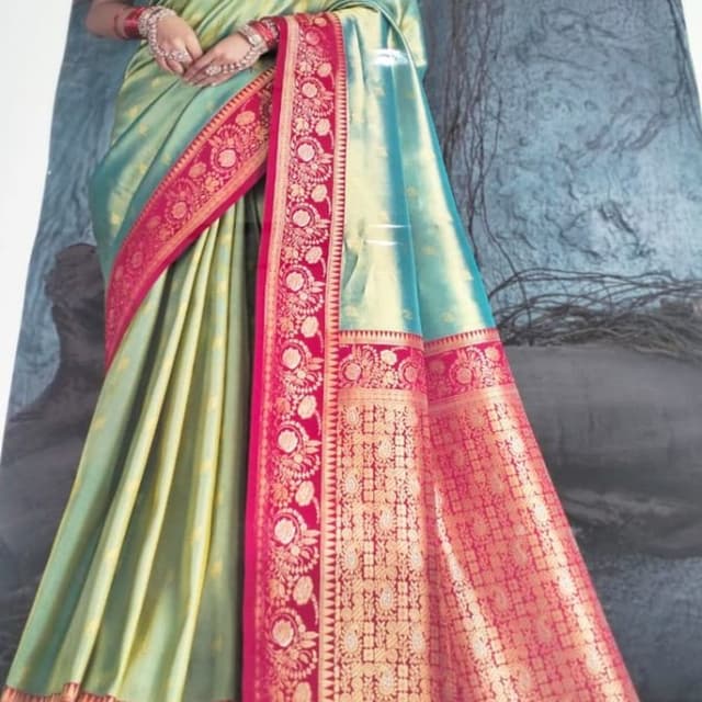Light Green, Teal, Pink, Gold Saree