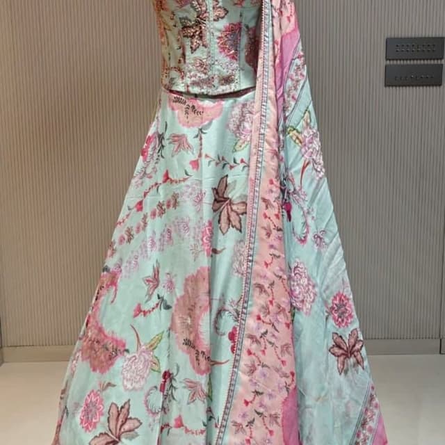 Pastel blue with pink floral prints Lehenga Choli
