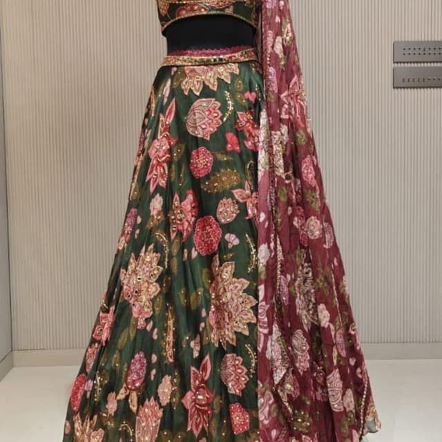 Deep Green with Pink and Maroon floral print Lehenga Choli with Dupatta