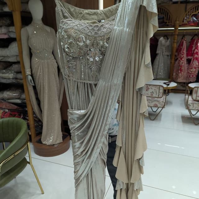 Beige, Silver, Gold Saree Gown