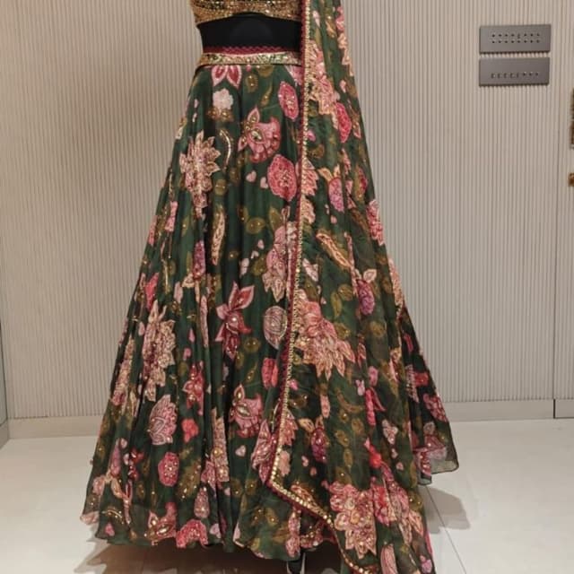 Deep Green with Pink and Gold Floral Print Lehenga Choli