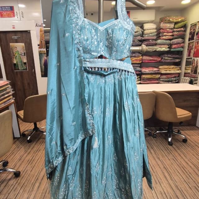 Teal blue with silver embellishments Lehenga Choli