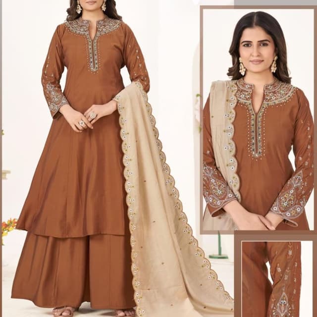 Brown, Beige Kurta Set with Palazzo and Dupatta