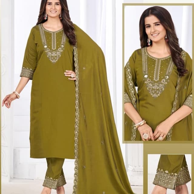 Olive Green with Gold Embellishments Kurta Set