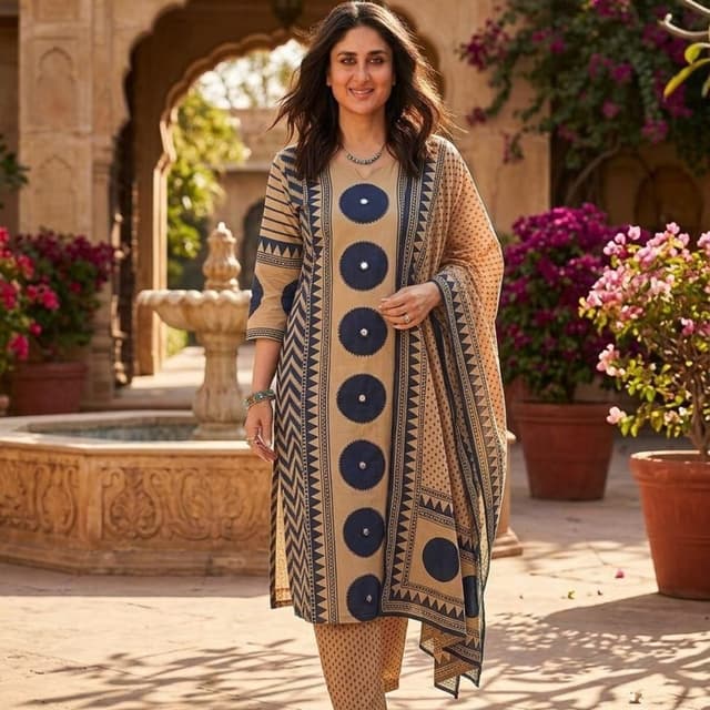 Beige and Navy Blue Kurta Set