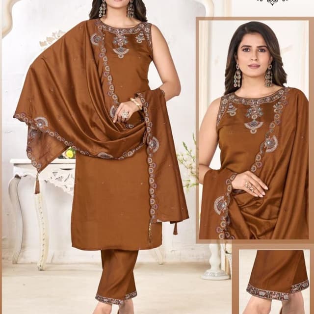 Brown, Tan, Beige, Silver, Navy Blue Salwar Kameez