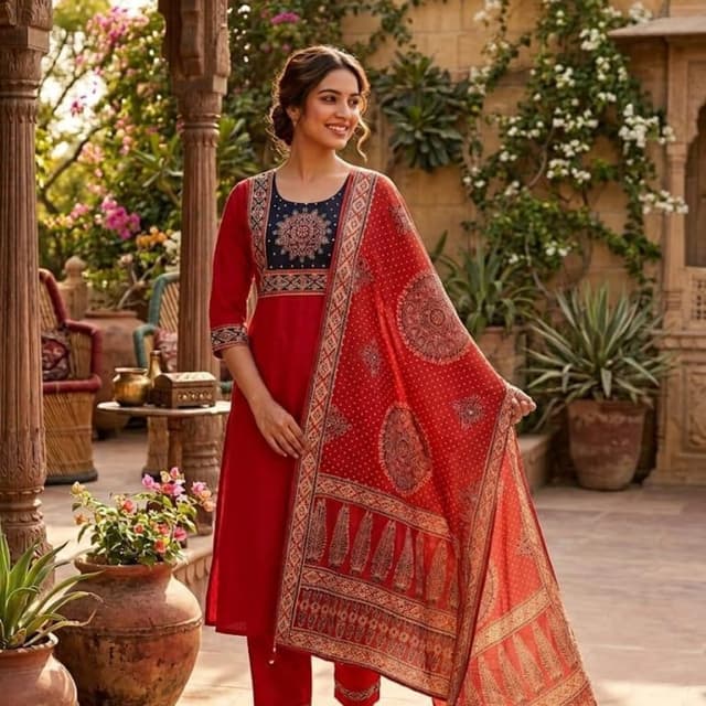 Red, Navy Blue, Beige Kurta Set