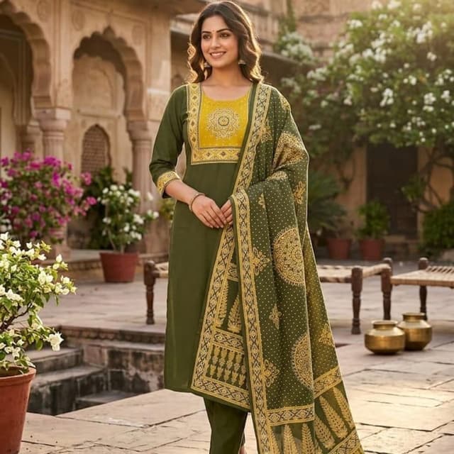 Olive Green and Yellow Salwar Kameez