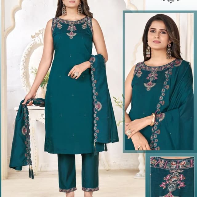 Teal with multicolor embroidery Kurta set with Pants and Dupatta