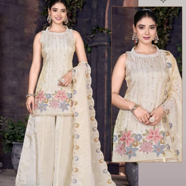 Cream, Pink, Blue, Gold Sharara Suit