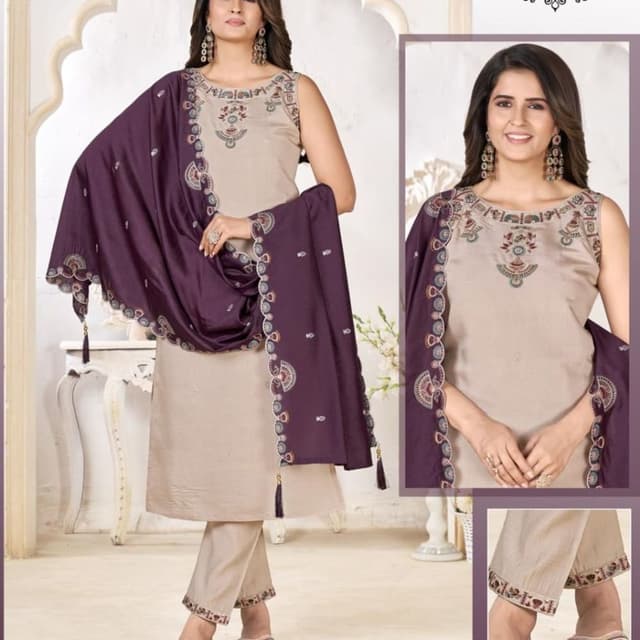 Beige and Plum Purple Kurta Set with Dupatta