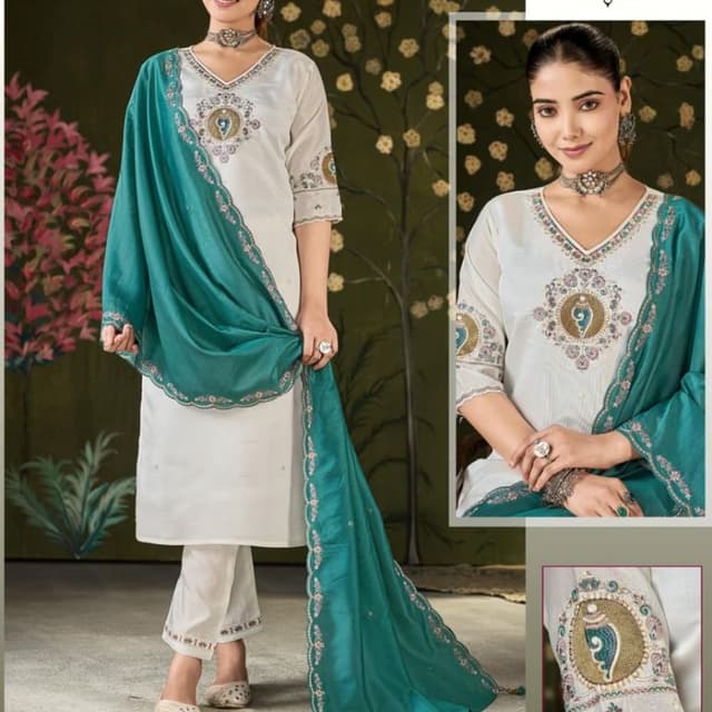 White, Teal, Gold, Pink Salwar Kameez