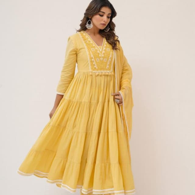 Yellow, White Anarkali Suit