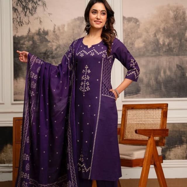 Deep Purple with White/Cream Print Kurta Set (Kurta, Pants, Dupatta)