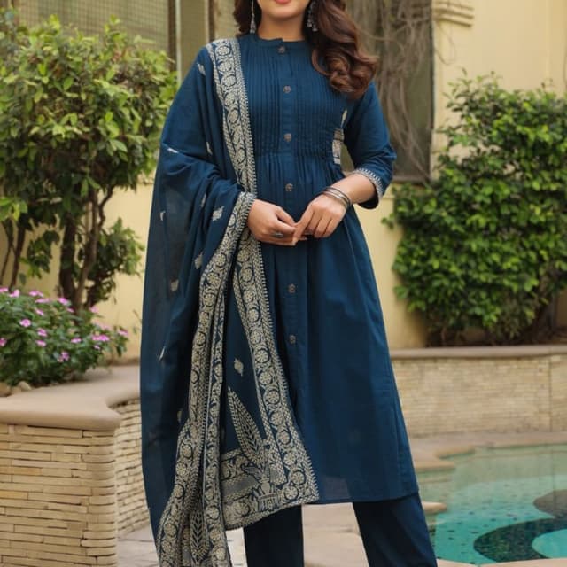 Teal Blue with Silver/Grey Embellishments Salwar Kameez Set (Kurti, Pants, Dupatta)