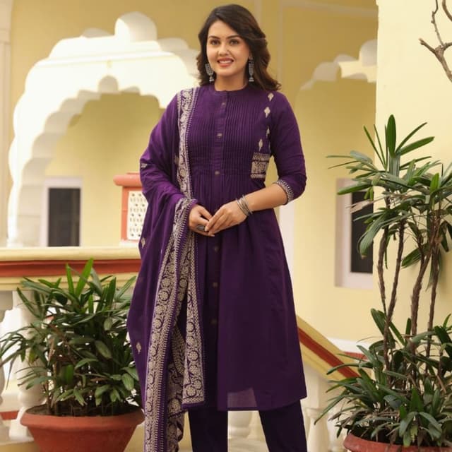Deep Purple with Cream/Gold accents Kurta Set (Kurta, Pants, Dupatta)