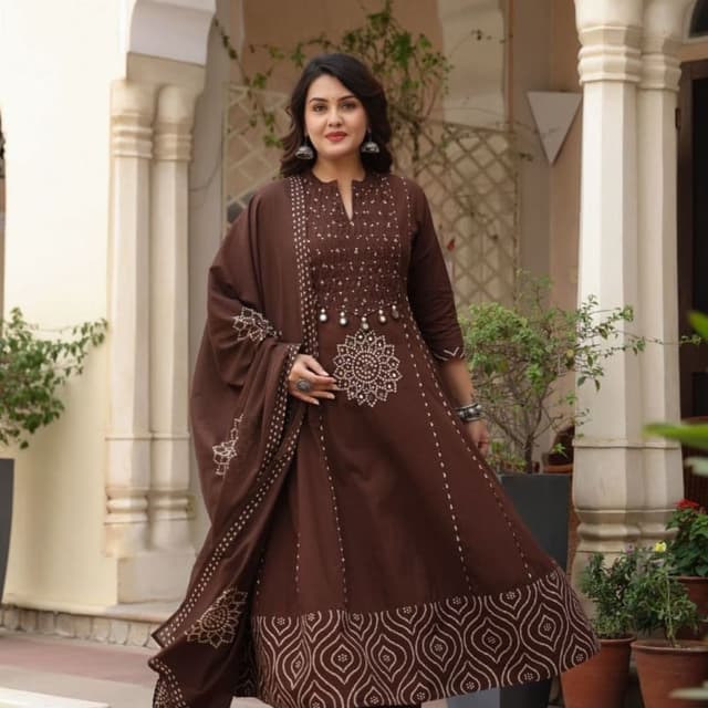 Brown with cream/white embroidery Anarkali Suit